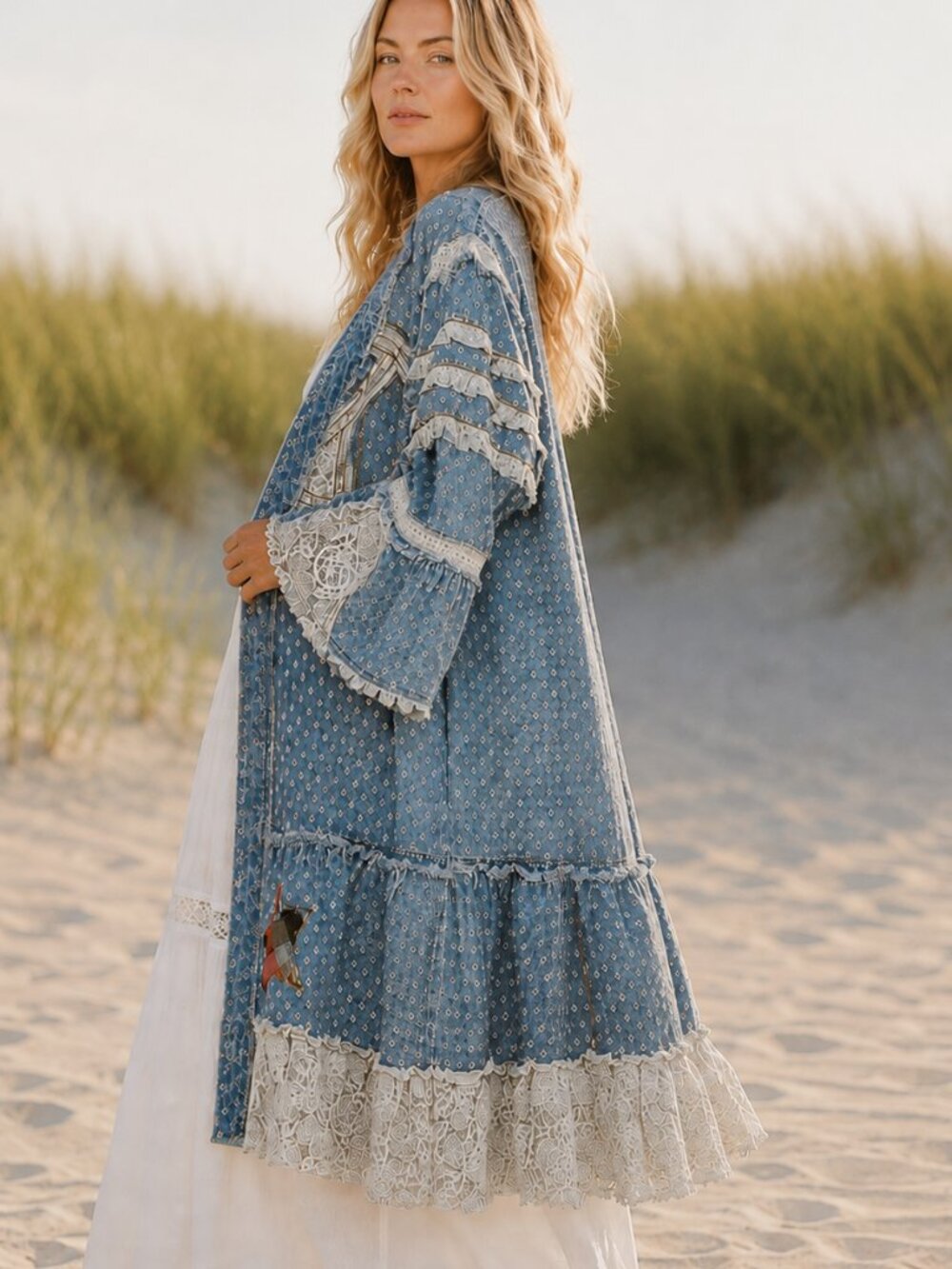 POL NWT Denim Eyelet Lace Peace Sign Maxi Duster Kimono Jacket Boho Festival - Picture 3 of 11